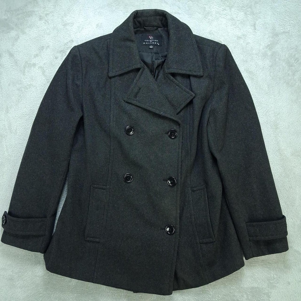 Collection by Gallery Womens Large Gray Wool Blend Double Breasted Peacoat